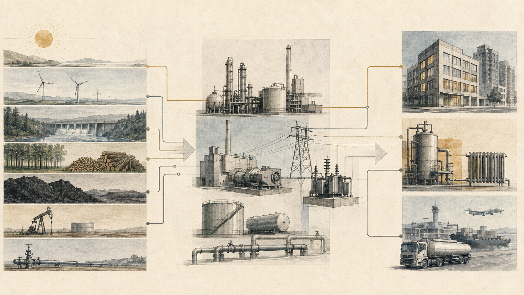 Editorial diagram showing primary energy sources flowing through conversion and distribution infrastructure to buildings, industrial heat, and transportation uses.
