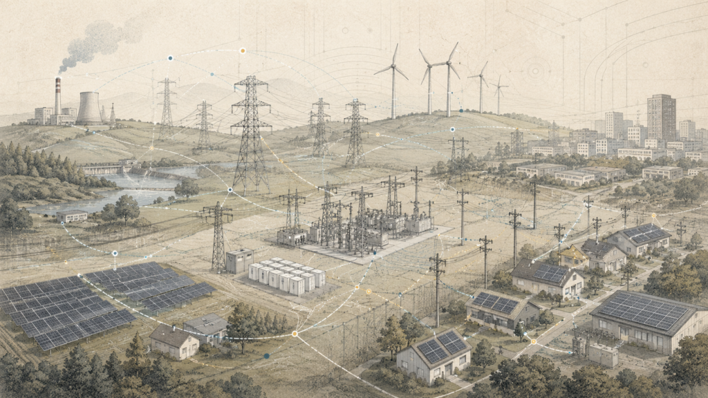 Wide editorial landscape showing power plants, wind and solar generation, transmission lines, substations, battery storage, cities, and homes linked by subtle communication and control connections.
