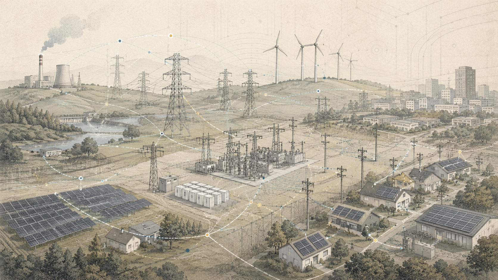 Wide editorial landscape showing power plants, wind and solar generation, transmission lines, substations, battery storage, cities, and homes linked by subtle communication and control connections.