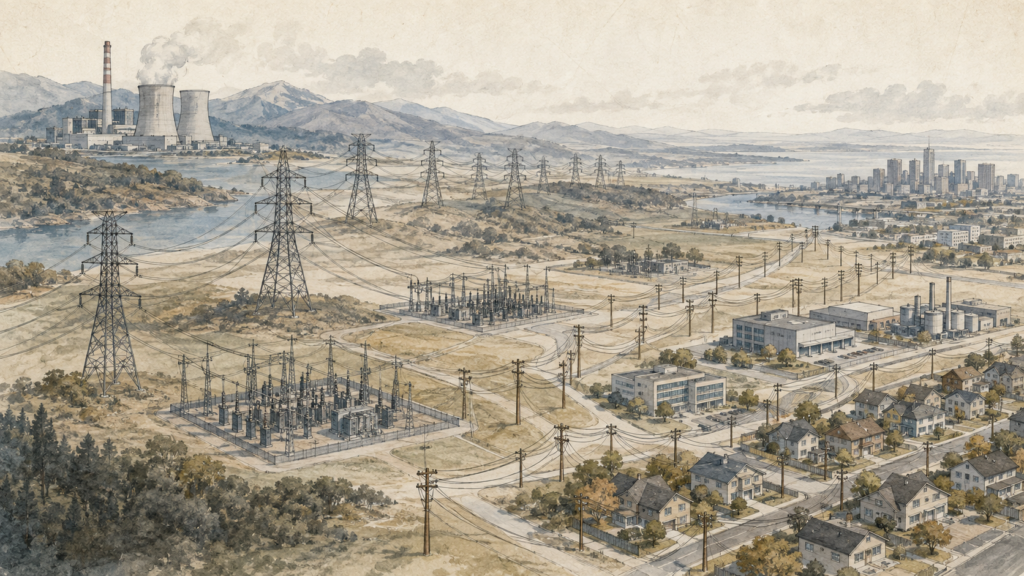 Wide editorial landscape showing a power plant connected by high-voltage transmission towers to substations and lower-voltage distribution lines serving industrial, commercial, urban, and residential areas.