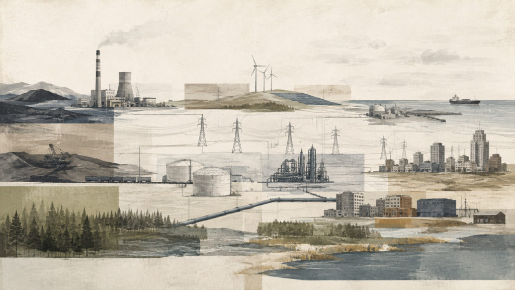 Layered editorial landscape showing power generation, transmission lines, pipelines, energy storage, industrial facilities, cities, forests, and waterways as parts of an interconnected energy system.